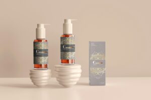 Printed labels on bottles and packaging.