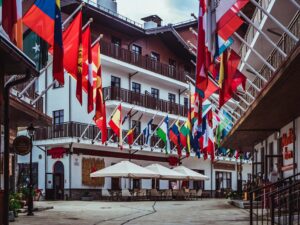 Banners and flags can create eye catching displays like the country flags pictured here