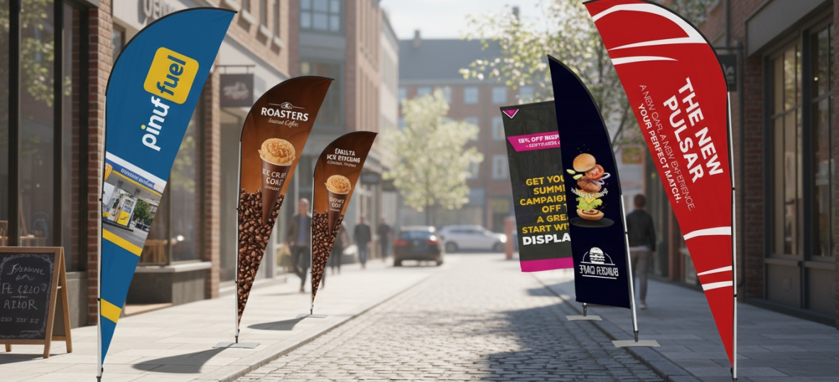 Custom branded display banner flags as outdoor display at events