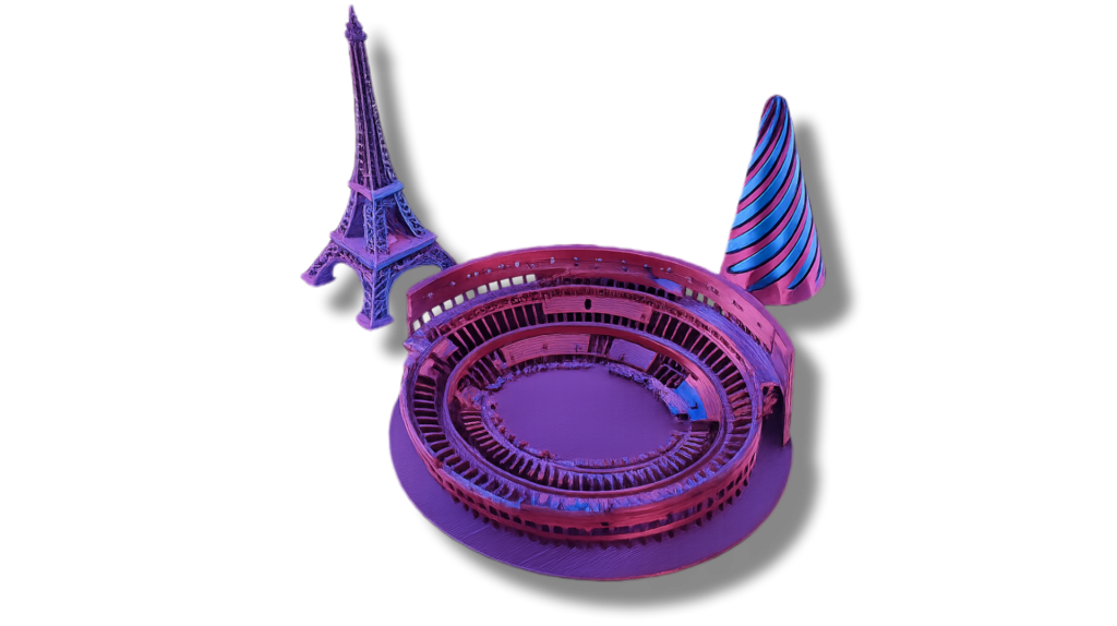 Detailed 3D printed Roman Colosseum model with miniature Eiffel Tower and striped cone sculpture
