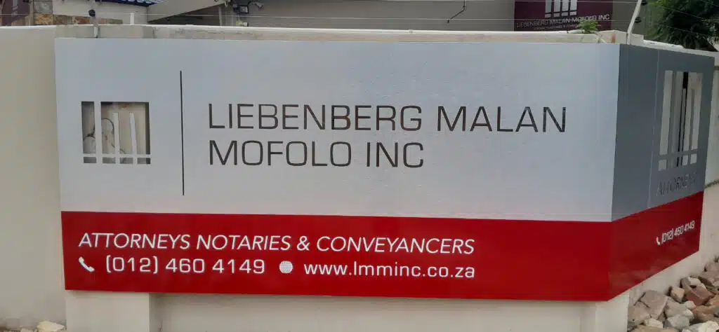 Professional ACM outdoor office signage for Liebenberg Malan Mofolo Inc, installed by Redblock Branding Solutions.