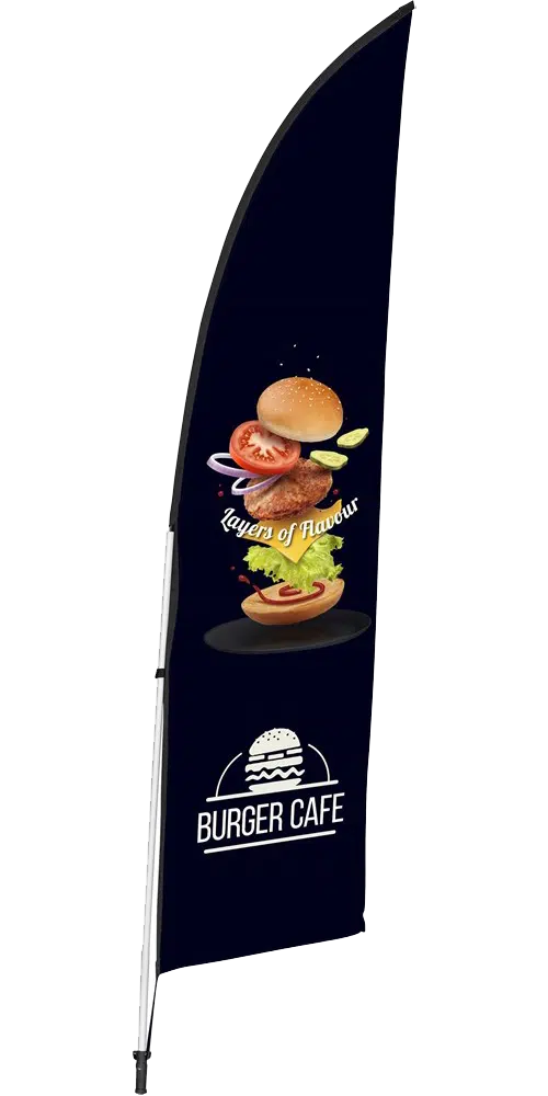 Dark blue arc fin banner featuring Burger Cafe logo and layered burger graphic for restaurant promotions and outdoor advertising.
