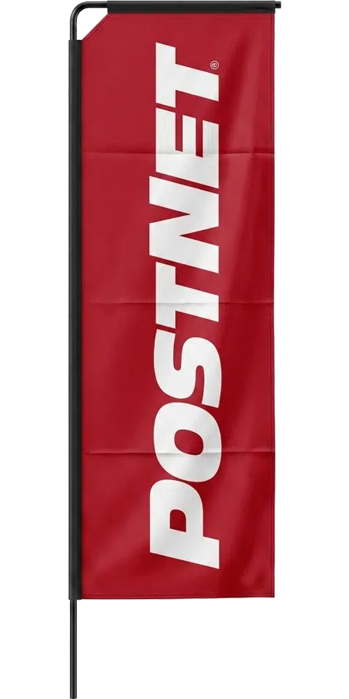 Custom printed PostNet banner flag ideal for outdoor advertising, events, and storefront promotions.