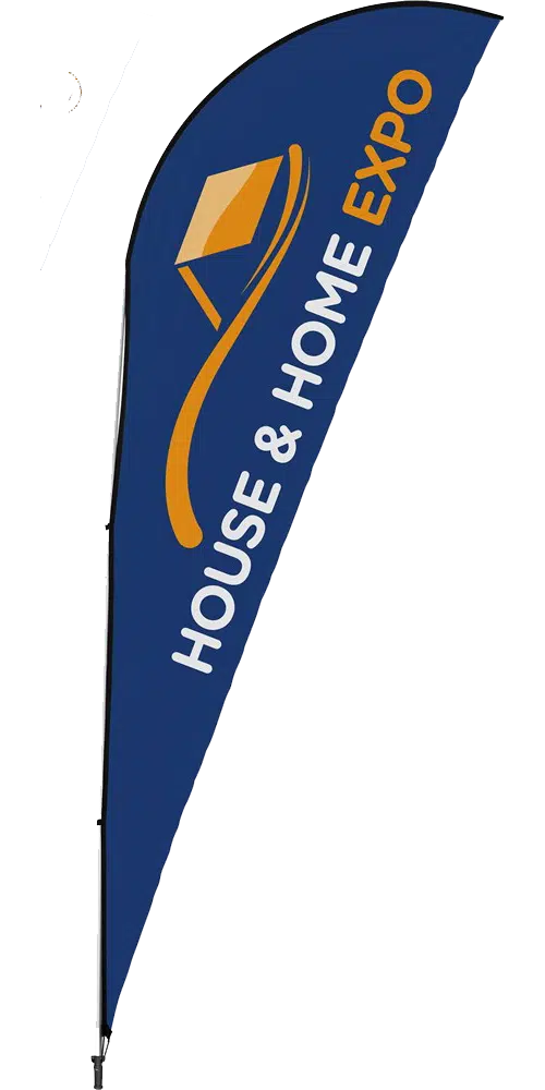 Blue shark fin promotional banner displaying House & Home Expo branding for trade shows, exhibitions, and outdoor marketing events.