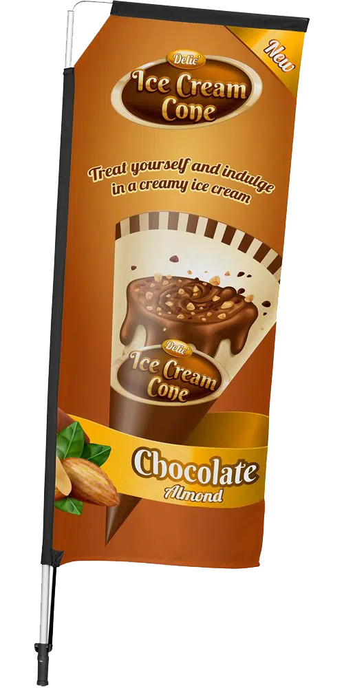 Orange telescopic banner featuring chocolate almond ice cream cone branding for retail promotions, food advertising, and outdoor displays.
