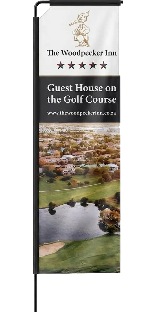 Custom banner flag for The Woodpecker Inn guest house featuring golf course imagery and accommodation branding.