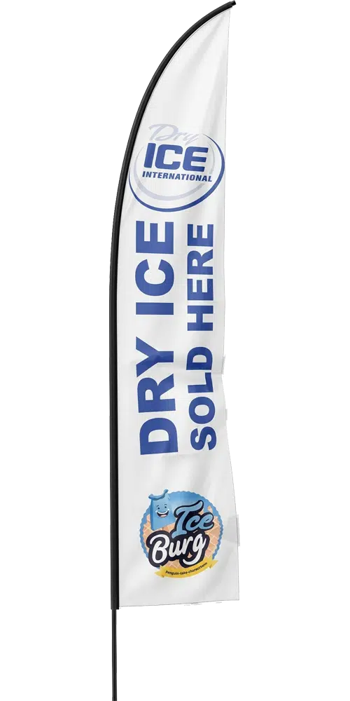 Professional white feather banner for Dry Ice International and Ice Burg, featuring blue text reading 'Dry Ice Sold Here' on a clean white background.