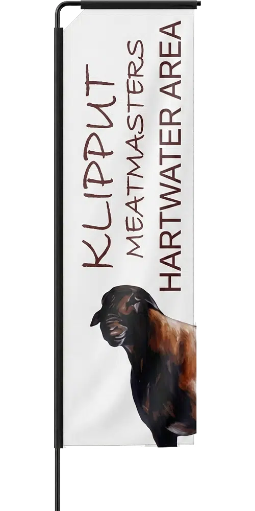 Teardrop-style white promotional flag for Klipput Meatmasters Hartwater Area. The banner features a high-quality graphic of a brown and black goat with dark maroon text on a clean white background.