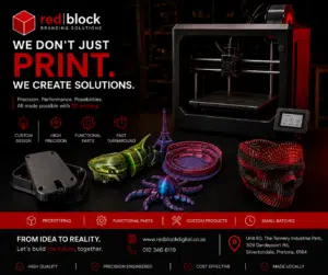 Professional 3D printing services and custom prototype manufacturing by Redblock Branding Solutions in Pretoria
