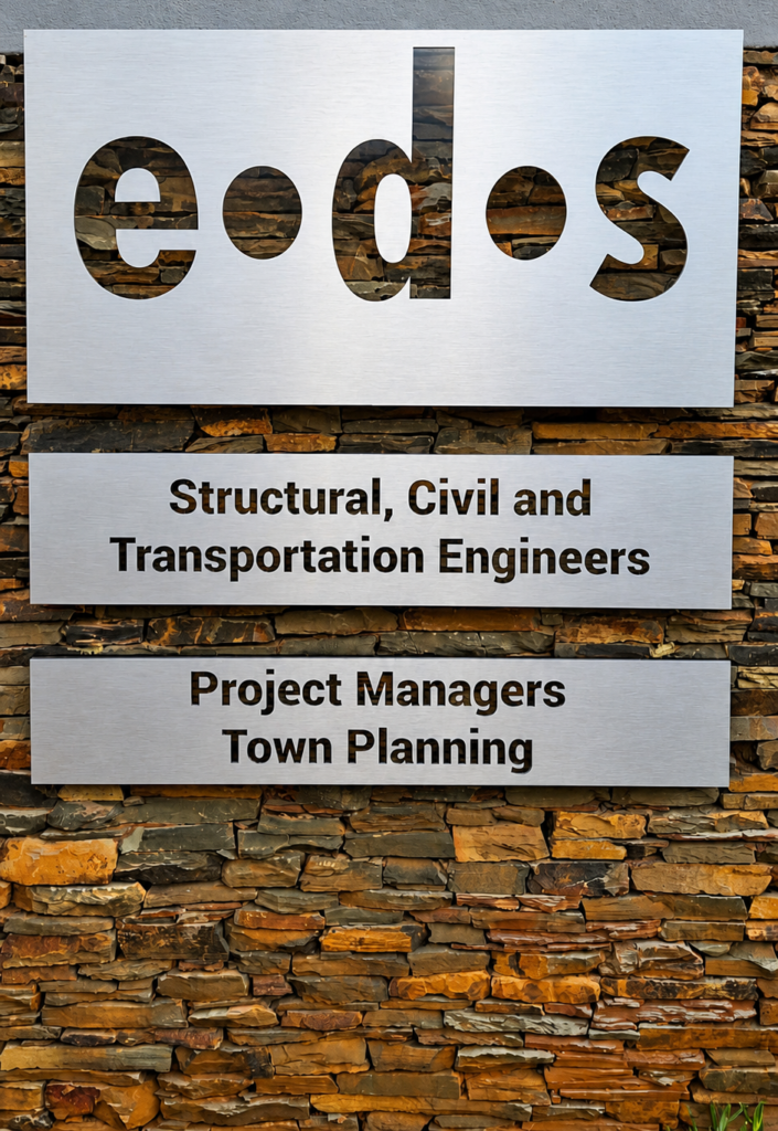 Premium signage solutions for EDS engineering company mounted on a textured stone wall.