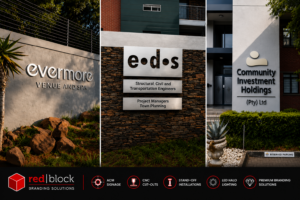 Premium ACM signage with CNC cut-out lettering and stand-off installation by Redblock Branding Solutions in Pretoria.