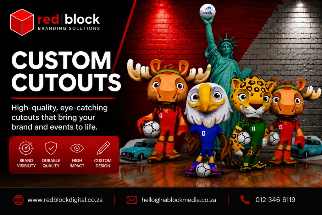 Custom corriboard mascot cutouts and promotional display branding by Redblock Branding Solutions in Pretoria