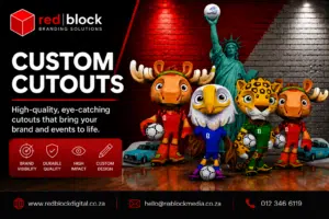 Custom corriboard mascot cutouts and promotional display branding by Redblock Branding Solutions in Pretoria