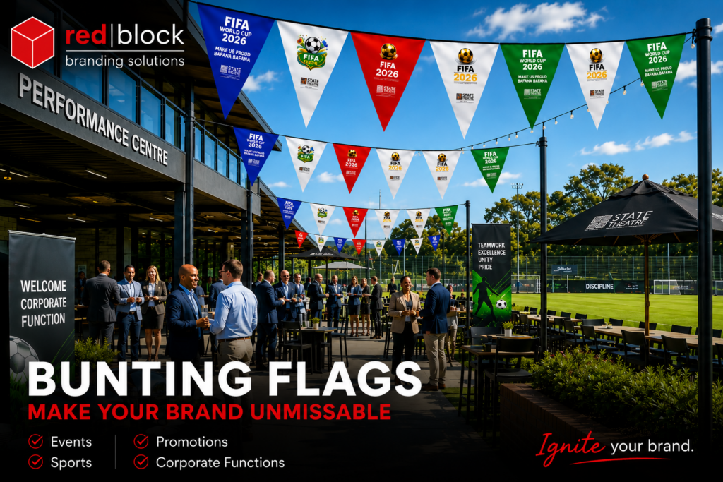 Custom printed bunting flags for events, promotions, sports days and corporate functions in Pretoria by Redblock Branding Solutions.