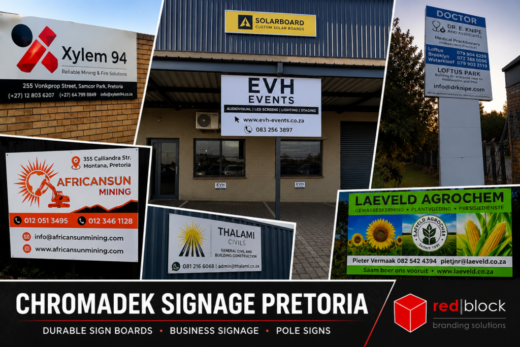 Chromadek signage Pretoria featuring business sign boards, pole signs and outdoor Chromadek signs manufactured by Redblock Branding Solutions.