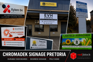 Chromadek signage Pretoria featuring business sign boards, pole signs and outdoor Chromadek signs manufactured by Redblock Branding Solutions.