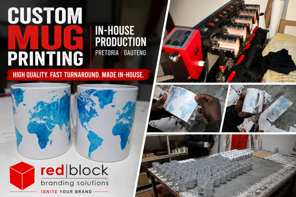 Custom mug printing in Pretoria with in-house sublimation mug production by Redblock Branding Solutions.