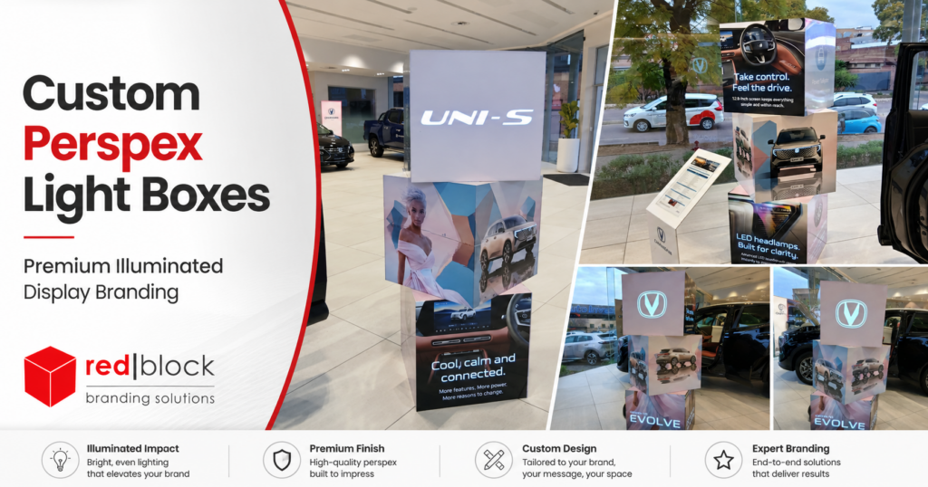 Custom perspex light boxes in Pretoria by Redblock Branding Solutions, showing illuminated display branding for a premium showroom setup.