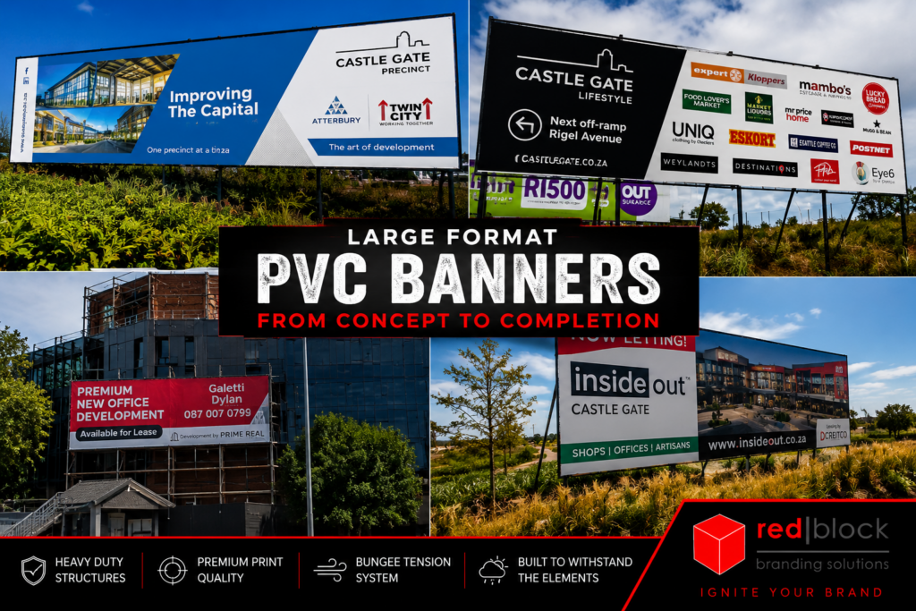 Large format PVC banner and billboard installation projects completed by Redblock Branding Solutions in Pretoria using steel structures, tensioned banner systems and premium outdoor printing.