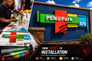 Custom ACM signage project for PEN@Park showing design, printing, fabrication, assembly and installation by Redblock Branding Solutions in Pretoria.