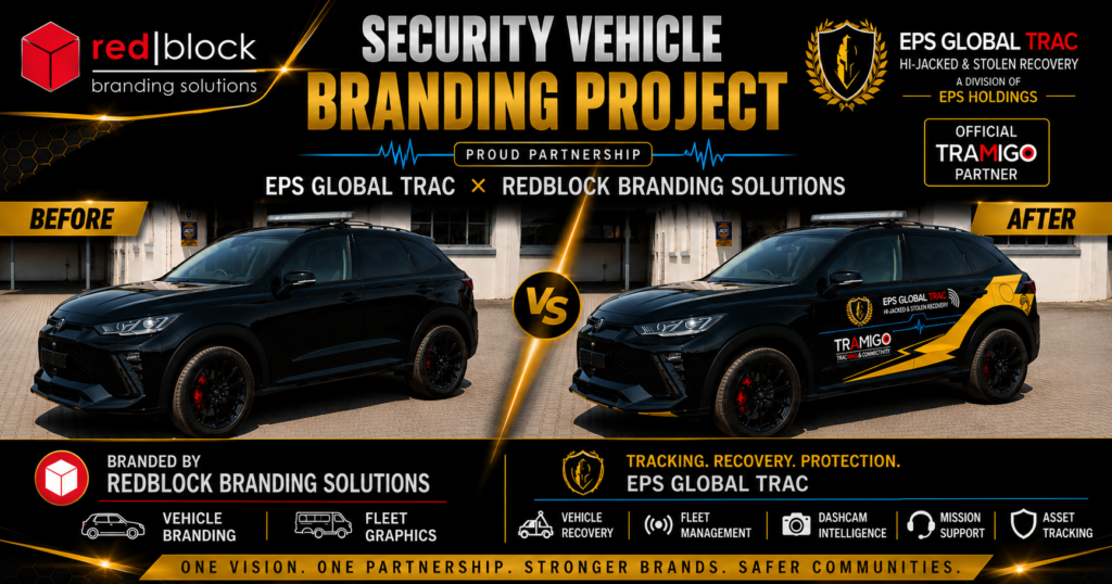Before and after security vehicle branding project completed by Redblock Branding Solutions for EPS Global Trac, showcasing a professionally branded recovery and fleet management vehicle in Pretoria.