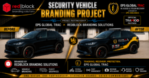 Before and after security vehicle branding project completed by Redblock Branding Solutions for EPS Global Trac, showcasing a professionally branded recovery and fleet management vehicle in Pretoria.