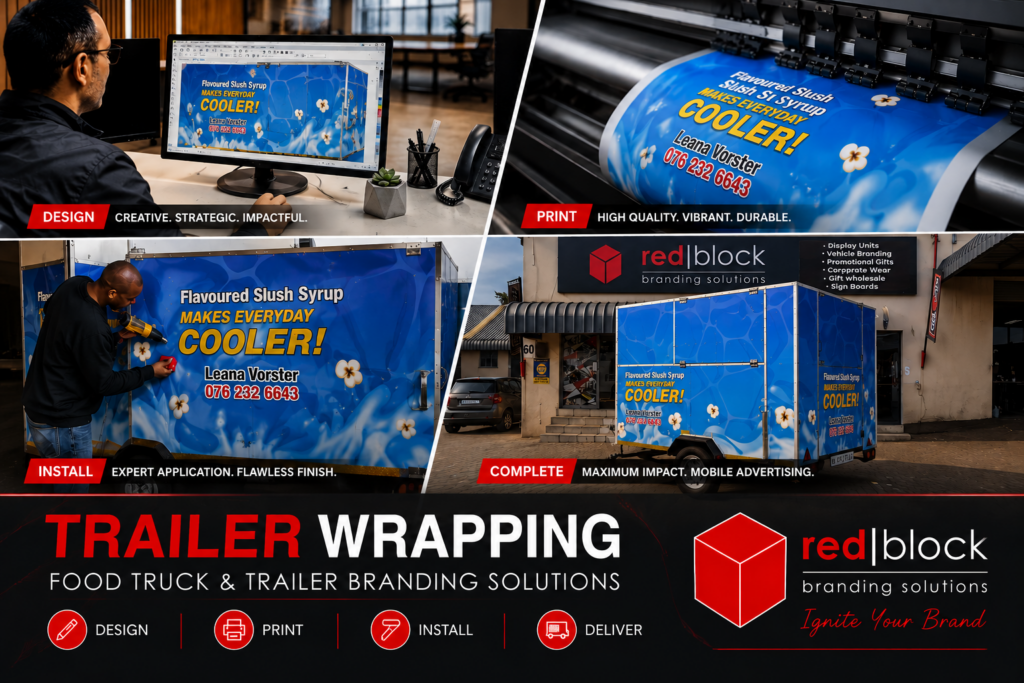 Custom trailer wrapping project in Pretoria showing the design, printing, installation and completed food trailer branding by Redblock Branding Solutions.