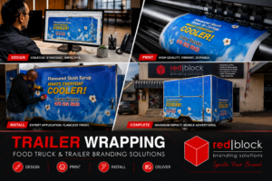 Custom trailer wrapping project in Pretoria showing the design, printing, installation and completed food trailer branding by Redblock Branding Solutions.