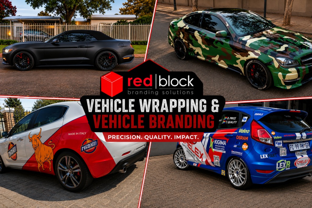 Vehicle branding and vehicle wrapping projects completed by Redblock Branding Solutions in Pretoria including custom wraps, racing liveries and promotional vehicle graphics.