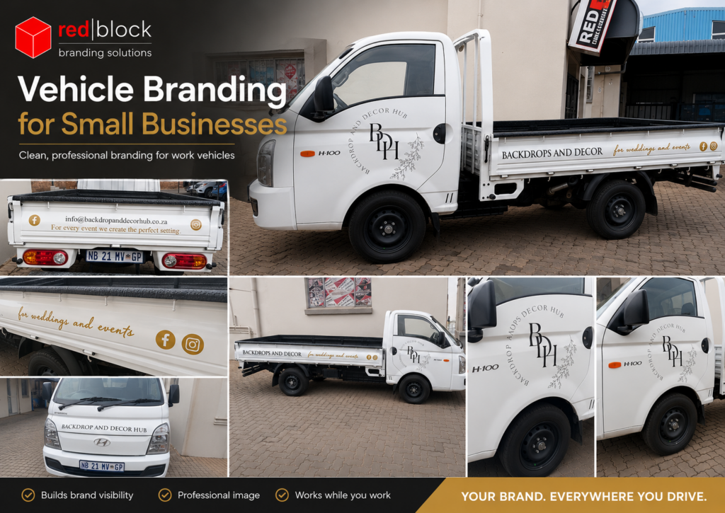 Vehicle branding for small businesses in Pretoria by Redblock Branding Solutions, showing branded decals on a white work vehicle.