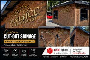 Custom cut-out signage installed for Wash@ICC by Redblock Branding Solutions in Pretoria, featuring premium raised lettering on a brick wall.
