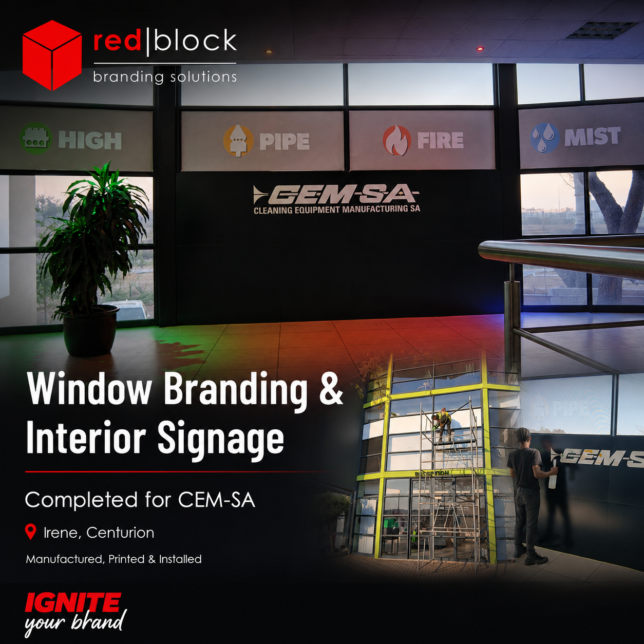 CEM-SA window branding and interior signage completed by Redblock Branding Solutions in Irene, Centurion.