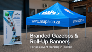 Branded MaPa Cleaning Technologies gazebo and roll-up banner supplied and branded by Redblock Branding Solutions in Pretoria.