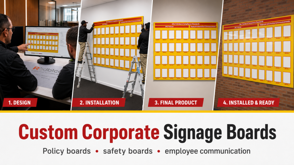 Custom corporate signage boards in Pretoria by Redblock Branding Solutions, showing design, installation and completed policy boards, safety boards and employee communication boards.