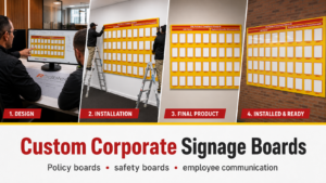 Custom corporate signage boards in Pretoria by Redblock Branding Solutions, showing design, installation and completed policy boards, safety boards and employee communication boards.