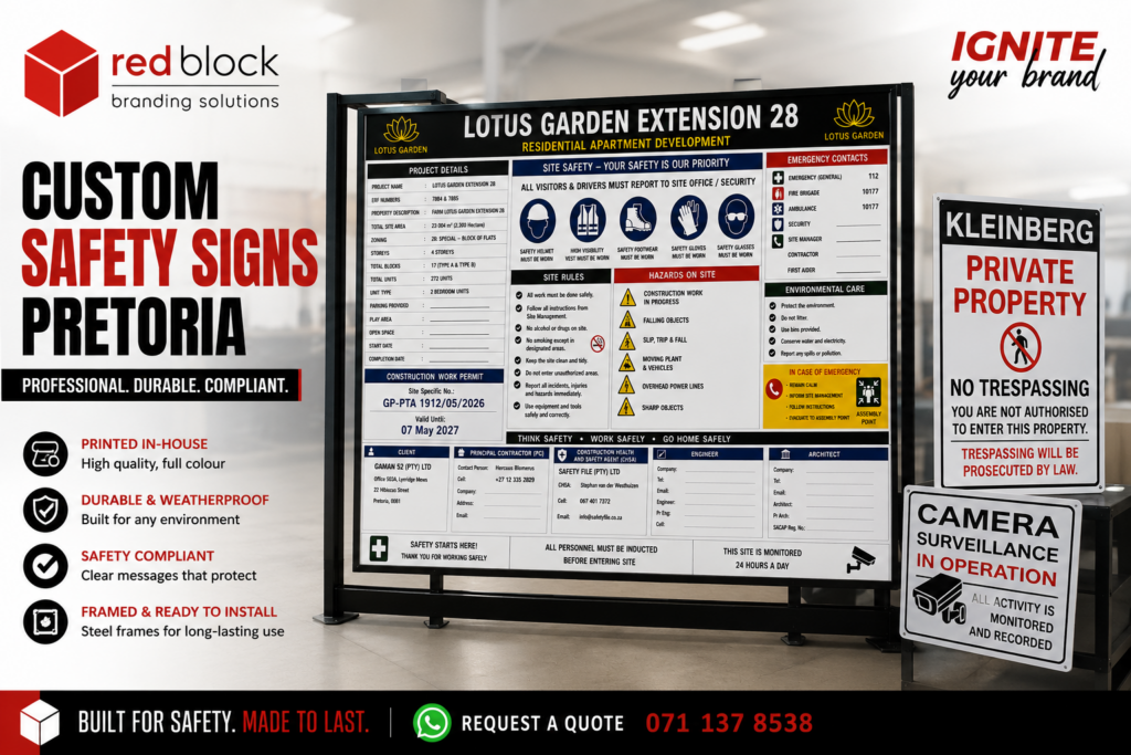 Feature image custom-safety-signs-pretoria-redblock.jpg Custom Safety Signs Pretoria | Redblock Branding Solutions Custom safety signs in Pretoria for construction sites, businesses and private properties Custom safety signage produced by Redblock Branding Solutions in Pretoria. Campaign feature image showing completed construction, private-property and camera-surveillance signs.