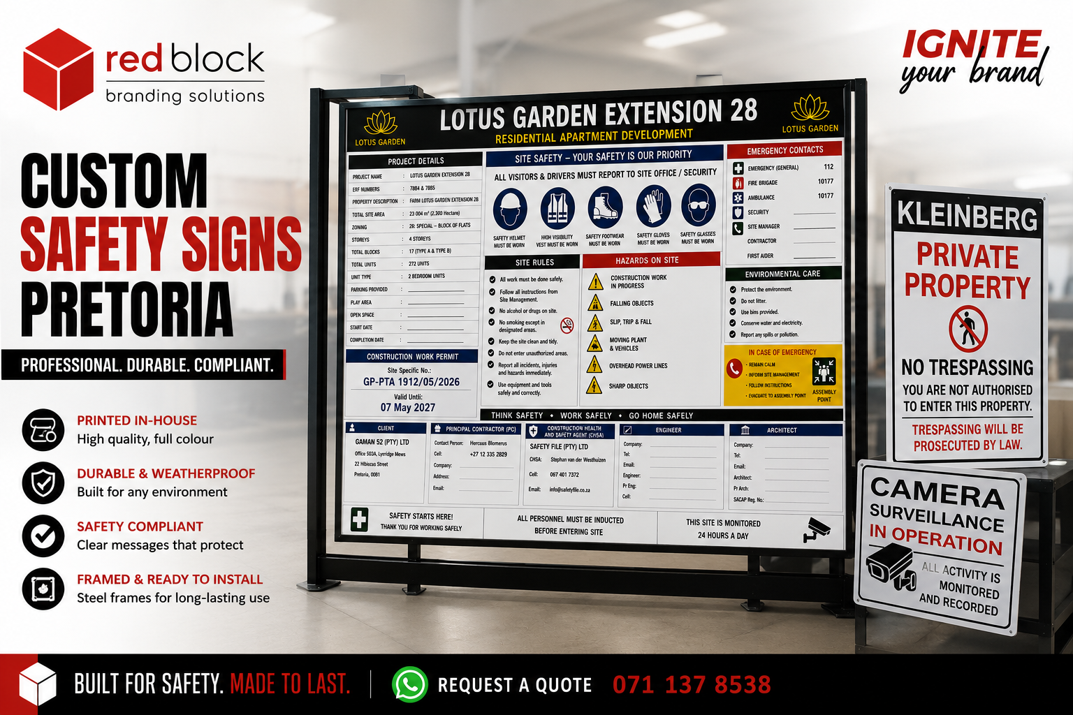 Feature image custom-safety-signs-pretoria-redblock.jpg Custom Safety Signs Pretoria | Redblock Branding Solutions Custom safety signs in Pretoria for construction sites, businesses and private properties Custom safety signage produced by Redblock Branding Solutions in Pretoria. Campaign feature image showing completed construction, private-property and camera-surveillance signs.