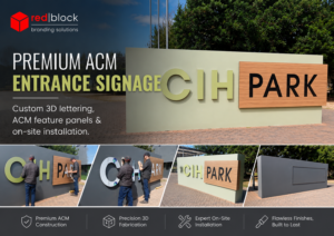 Feature image showing custom business park signage installed at CIH Park in Pretoria by Redblock Branding Solutions.