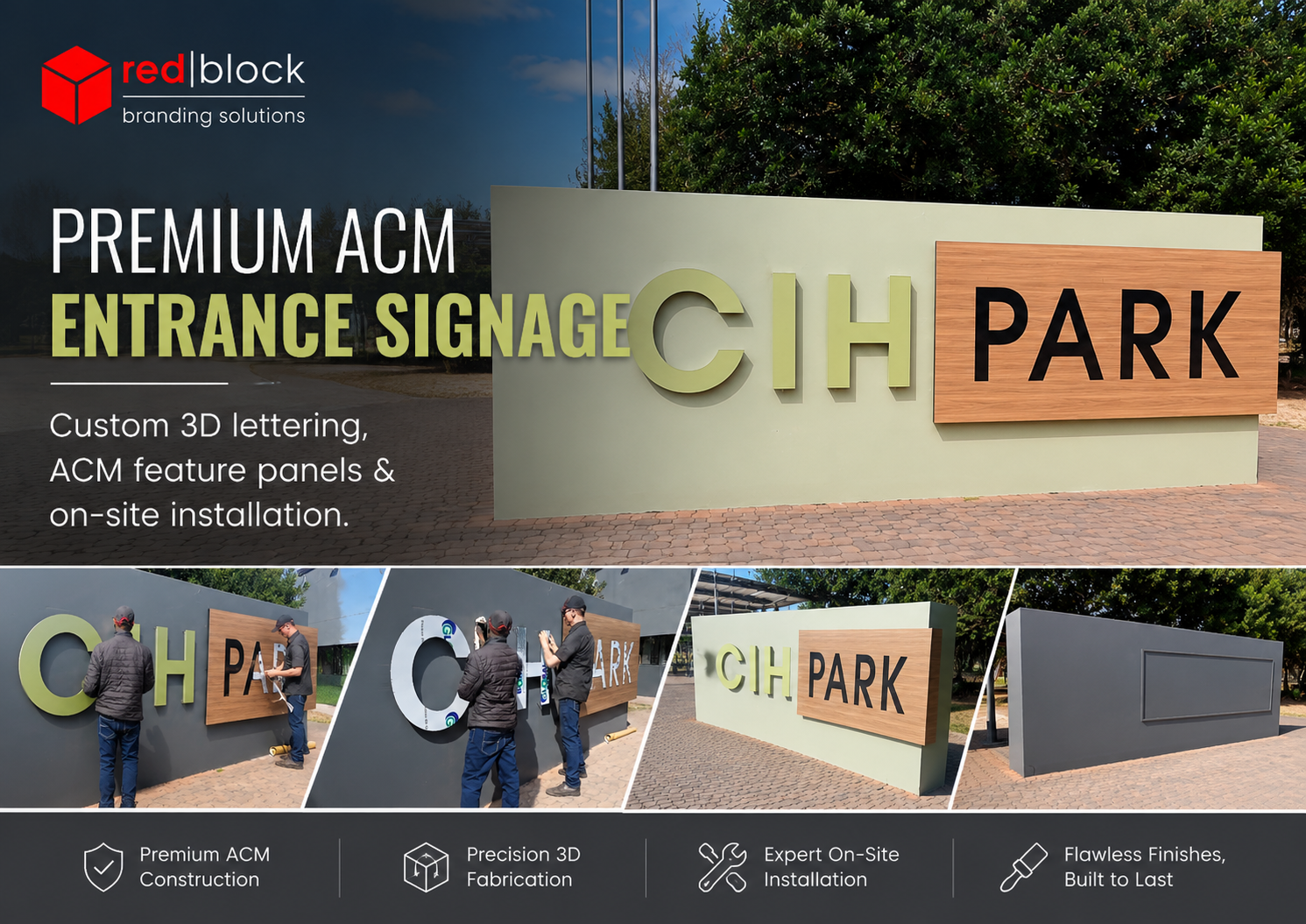 Feature image showing custom business park signage installed at CIH Park in Pretoria by Redblock Branding Solutions.