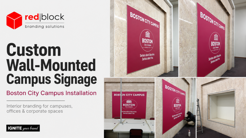 Custom wall-mounted signage in Pretoria by Redblock Branding Solutions, showing campus signage, office wall branding and professional signage installation.