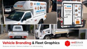 Vehicle branding and fleet graphics in Pretoria by Redblock Branding Solutions, showing branded delivery vehicles, bakkie branding and on-site fleet branding examples.
