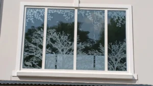 Nature-inspired frosted vinyl pattern applied across a four-panel exterior window