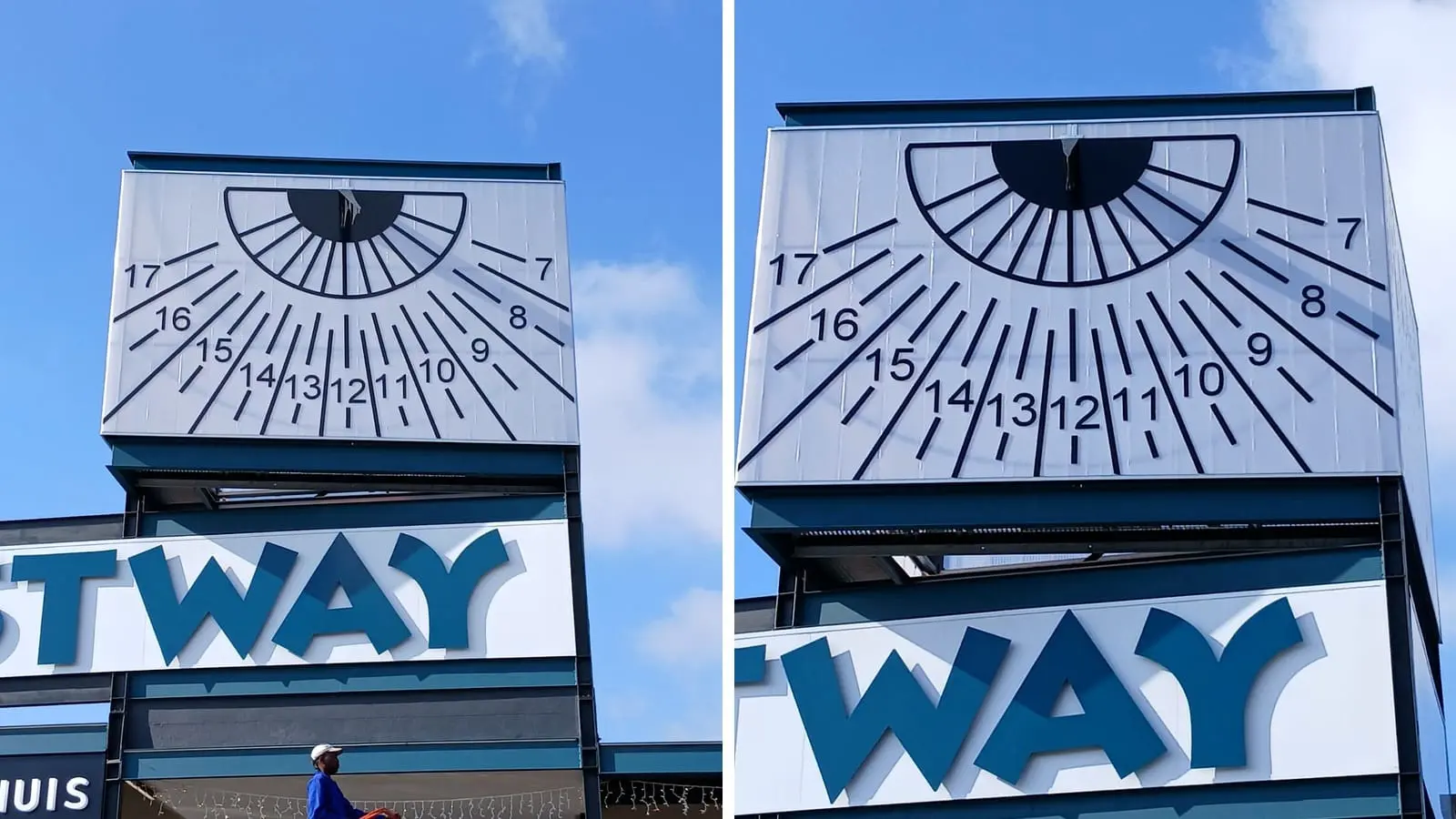 Two views of the completed Cubed sundial graphic above the building facade