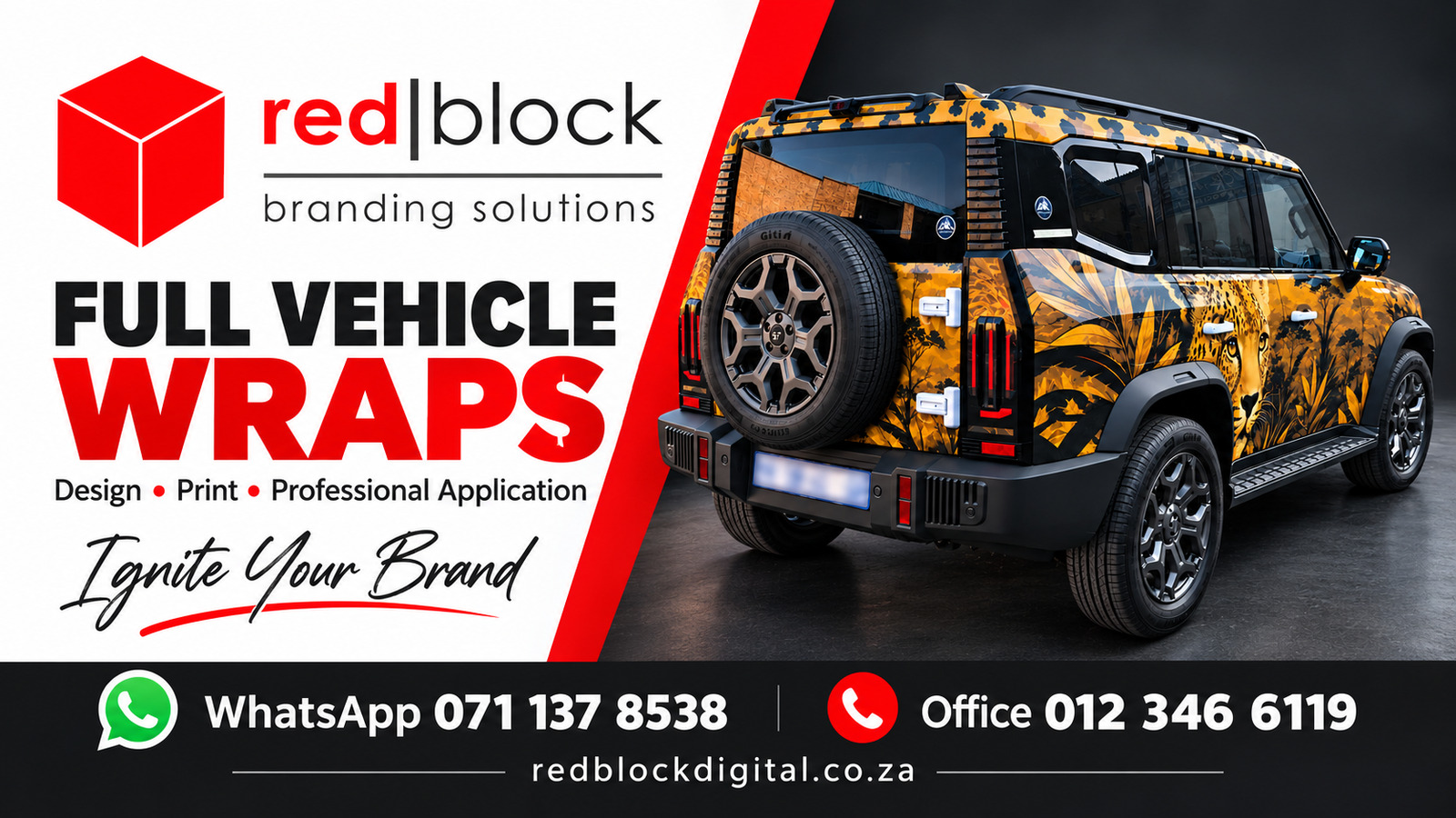 Redblock Branding Solutions full vehicle wrap contact information