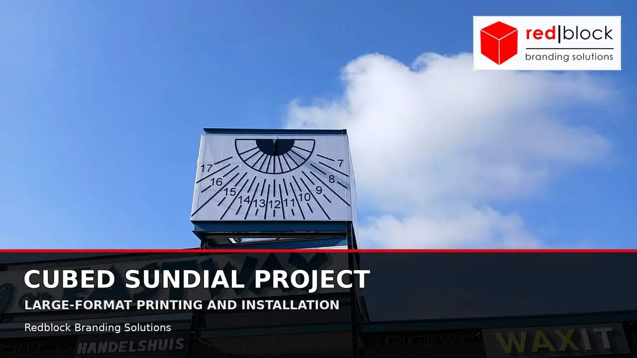 Completed large-format sundial graphic installed on a building facade for Cubed