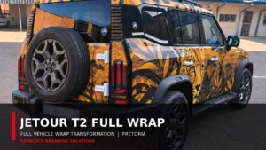Completed safari-inspired Jetour T2 full vehicle wrap by Redblock Branding Solutions in Pretoria